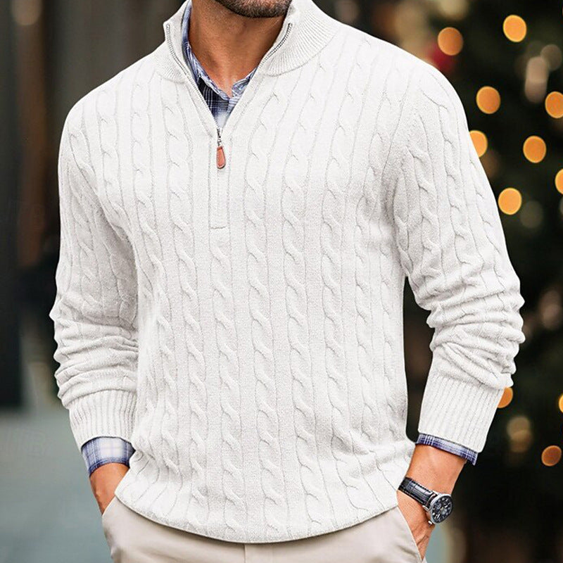 Mens Slim-fit Knitted Zip-up Mock-neck Long-sleeve Sweater