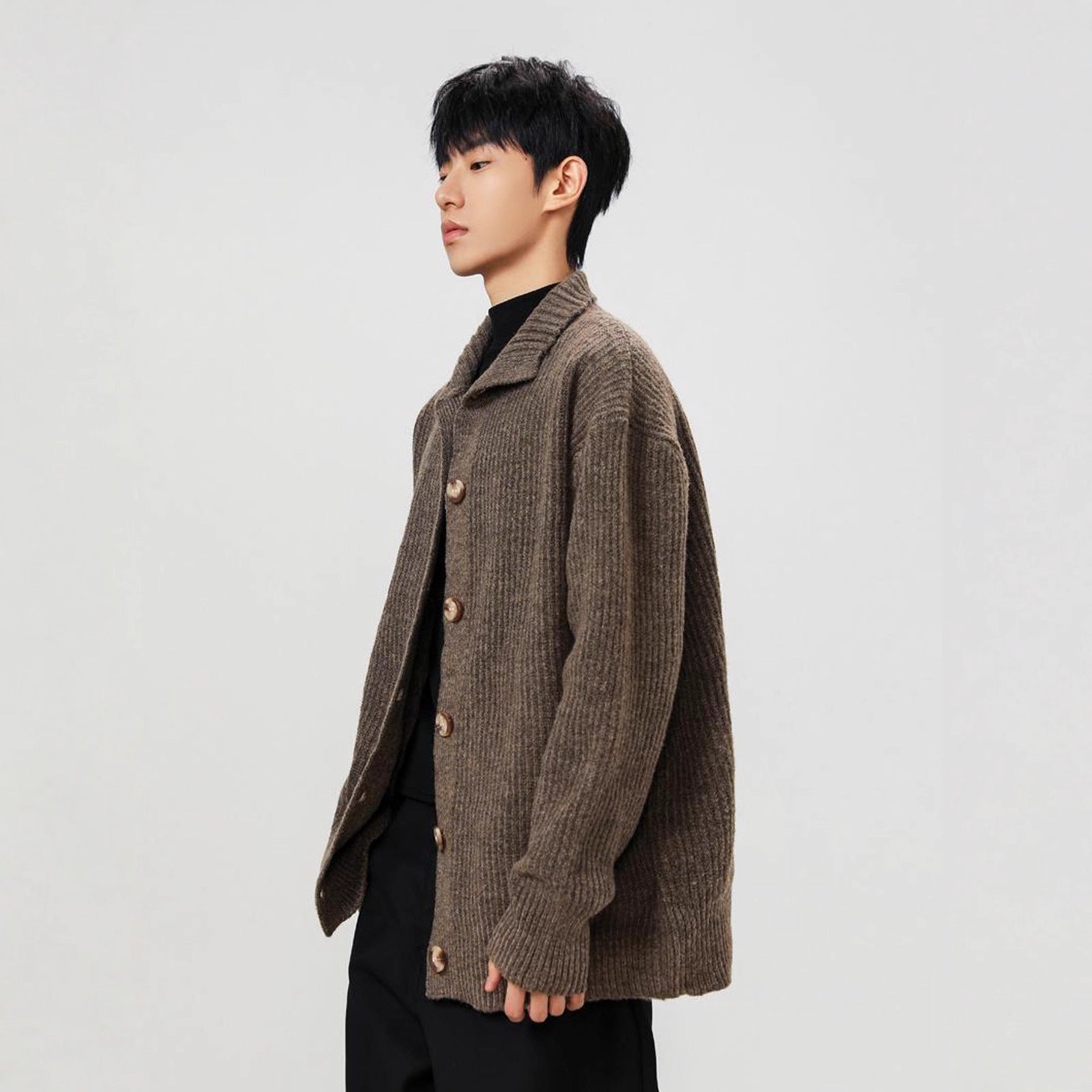 Mens Americanstyle CoffeeColored StandUp Collar Knit Sweater Coat