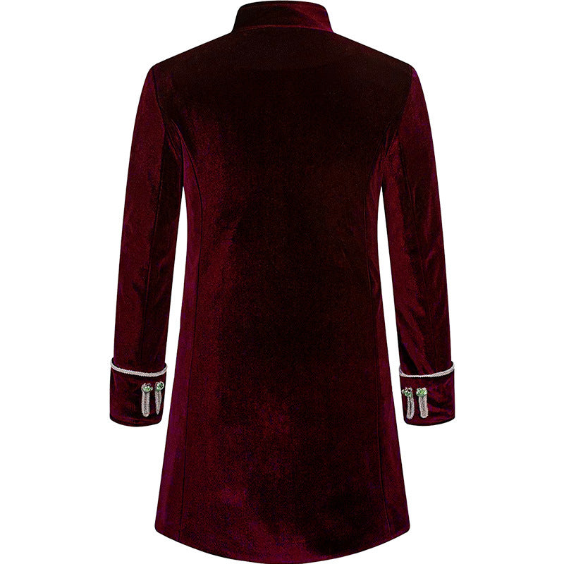 Mens Solid-Color Steampunk Velvet Uniform Stand-Up Collar Coat