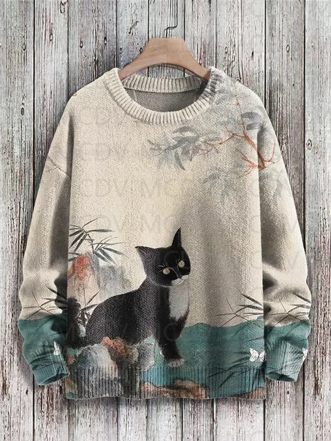 Vintage Japanese-style Painting Cat Art Casual Printed Chunky-knit Crewneck Hoodie For Men And Women