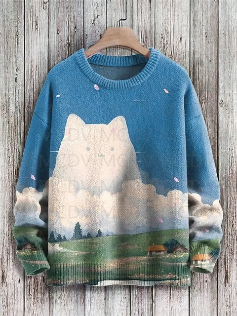Vintage Japanese-style Painting Cat Art Casual Printed Chunky-knit Crewneck Hoodie For Men And Women