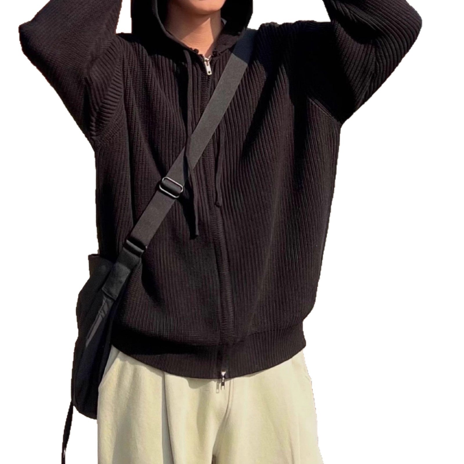 Mens AutumnWinter Knitted Sweater Jacket With Double Zippers And A Hood