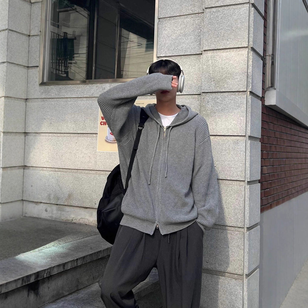 Mens AutumnWinter Knitted Sweater Jacket With Double Zippers And A Hood