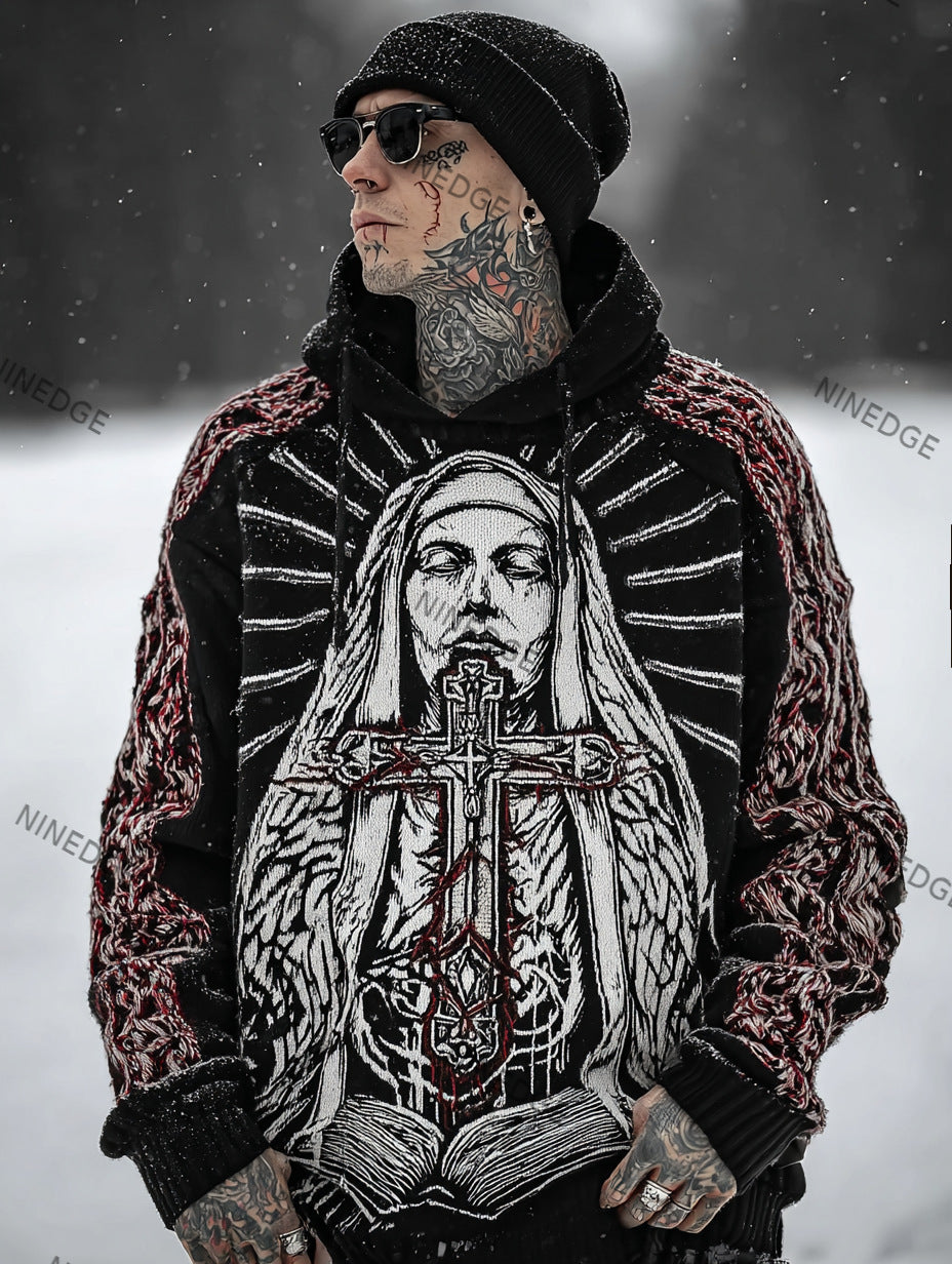 Mens Printed Hooded Knitted Sweatshirt Top