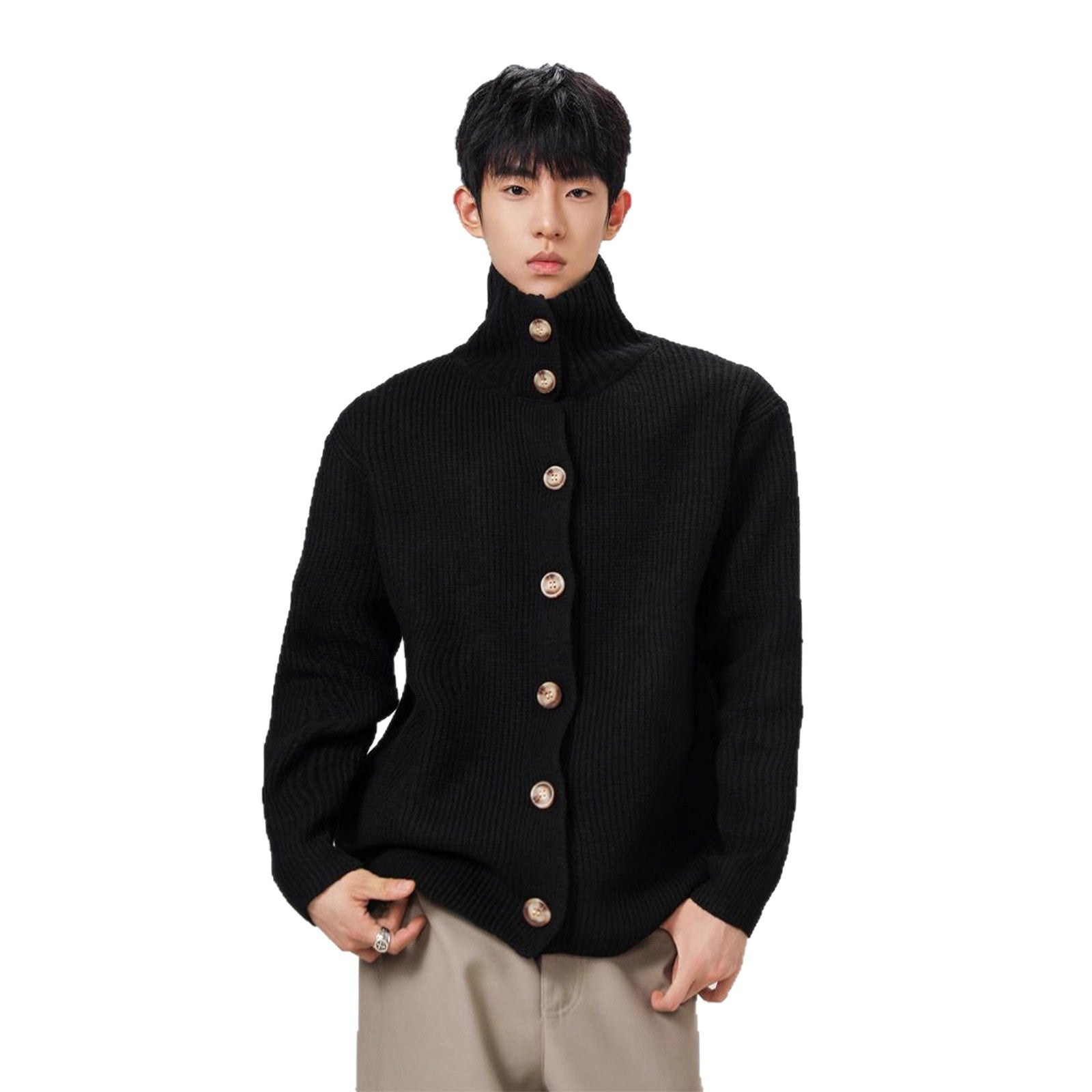Mens Americanstyle CoffeeColored StandUp Collar Knit Sweater Coat