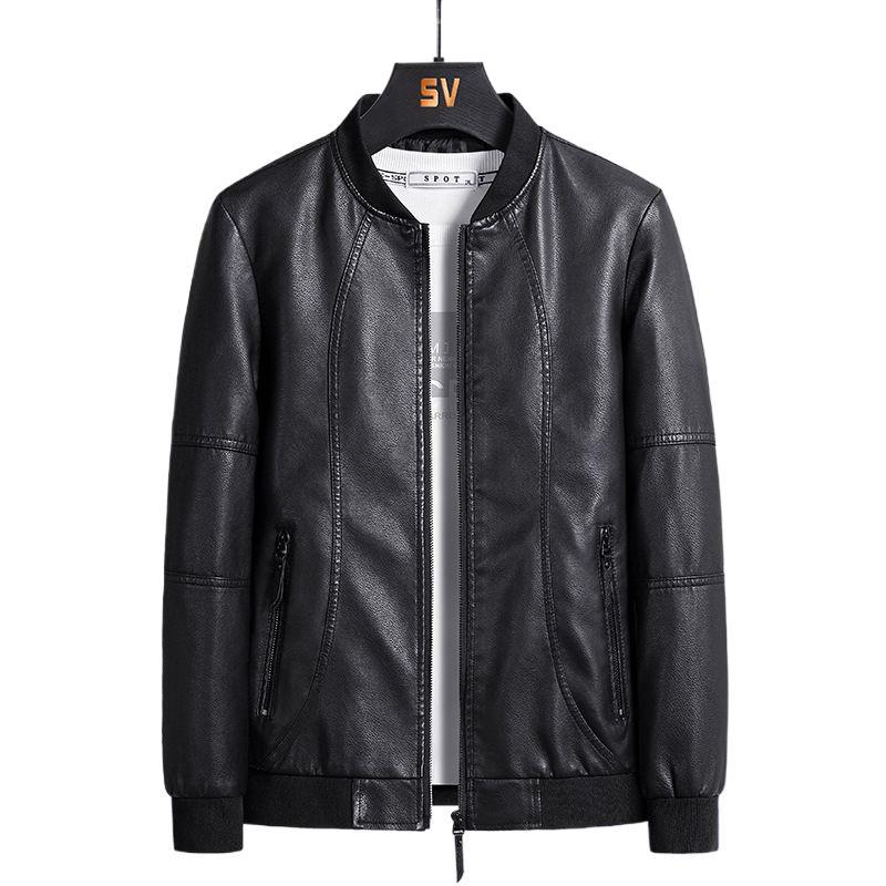 Korean-style Black Baseball Collar Leather Biker Jacket