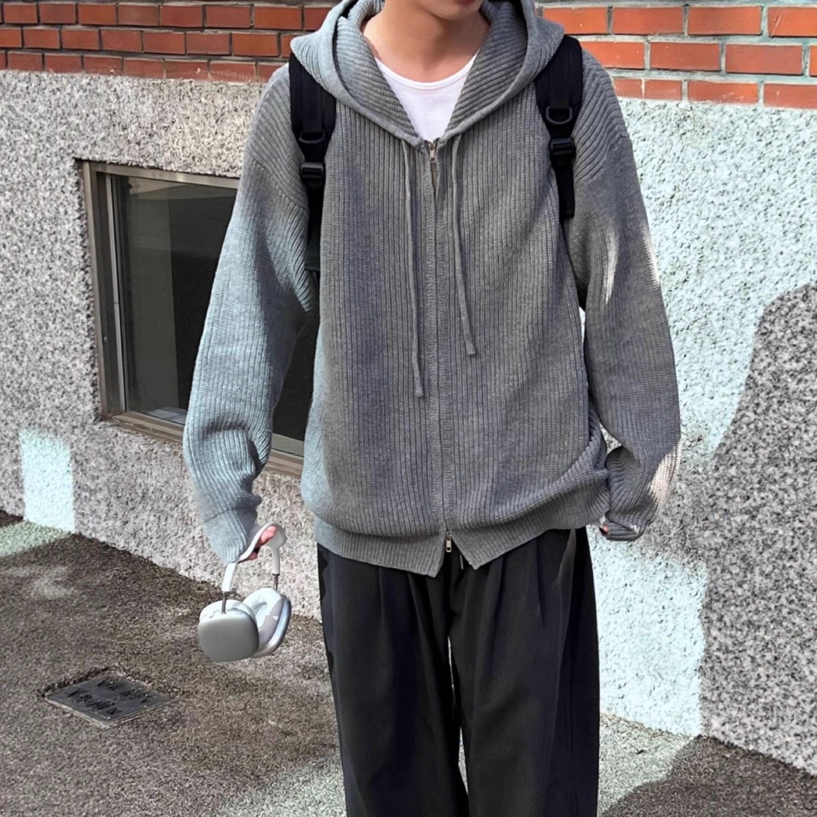 Mens AutumnWinter Knitted Sweater Jacket With Double Zippers And A Hood