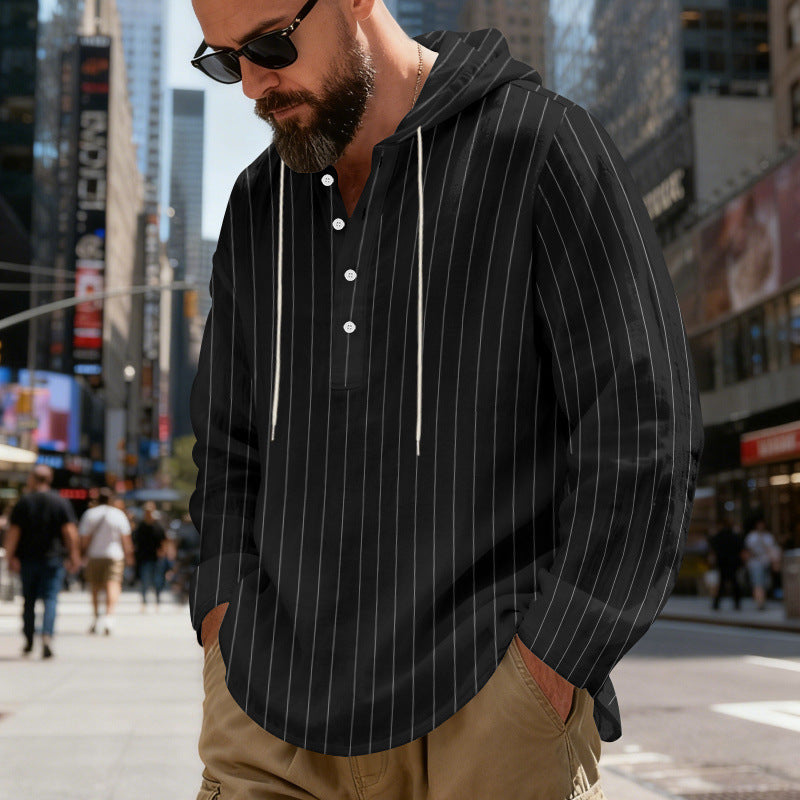 Mens Loose-Fit Plus-Size Casual Linen Striped Hooded Shirt
