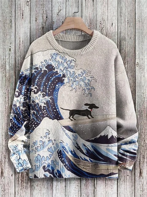 Vintage Japanese-style Painting Cat Art Casual Printed Chunky-knit Crewneck Hoodie For Men And Women