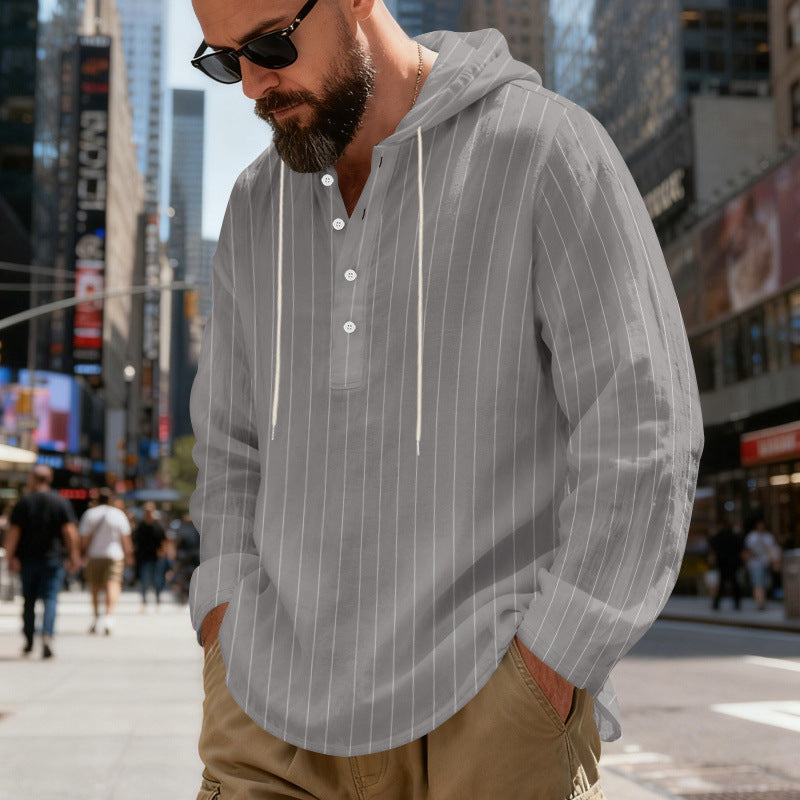Mens Loose-Fit Plus-Size Casual Linen Striped Hooded Shirt