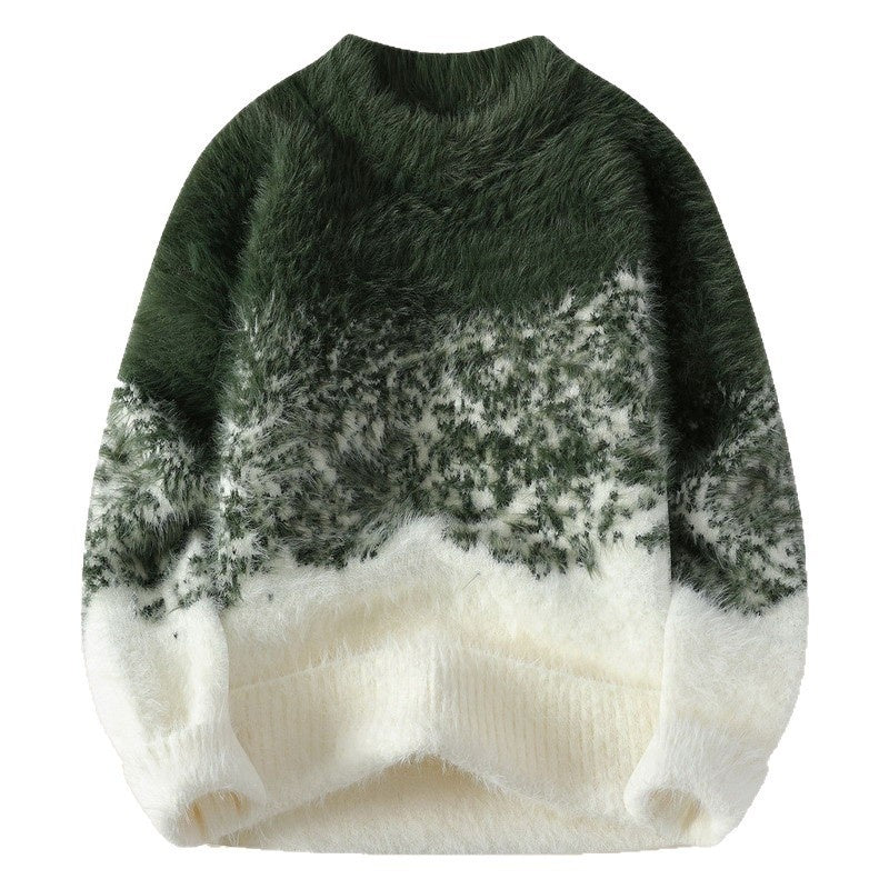 Mens Gradient Color Mink Fleece Sweater Knitted Pullover