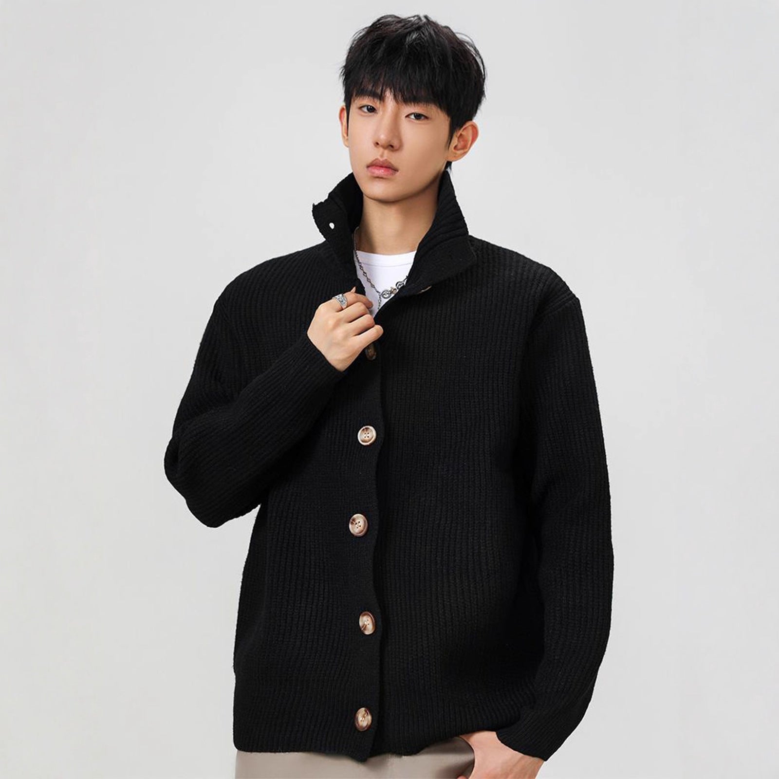 Mens Americanstyle CoffeeColored StandUp Collar Knit Sweater Coat