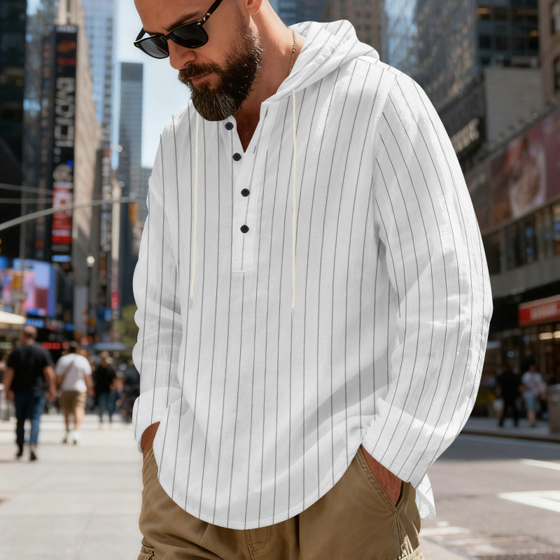 Mens Loose-Fit Plus-Size Casual Linen Striped Hooded Shirt