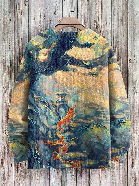 Vintage Japanese-style Painting Cat Art Casual Printed Chunky-knit Crewneck Hoodie For Men And Women