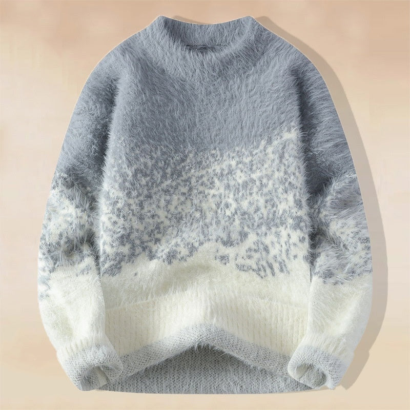 Mens Gradient Color Mink Fleece Sweater Knitted Pullover