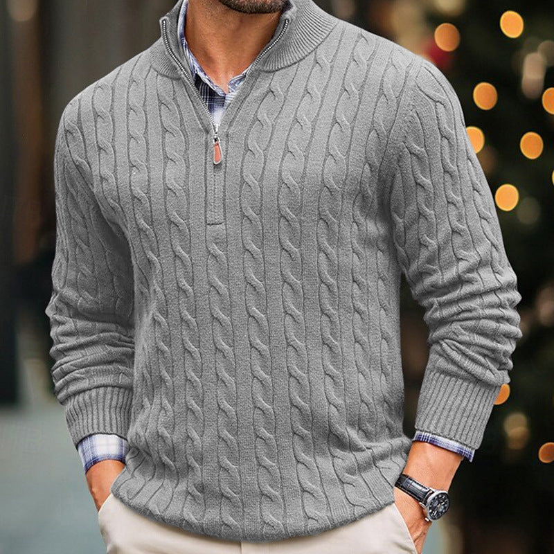Mens Slim-fit Knitted Zip-up Mock-neck Long-sleeve Sweater