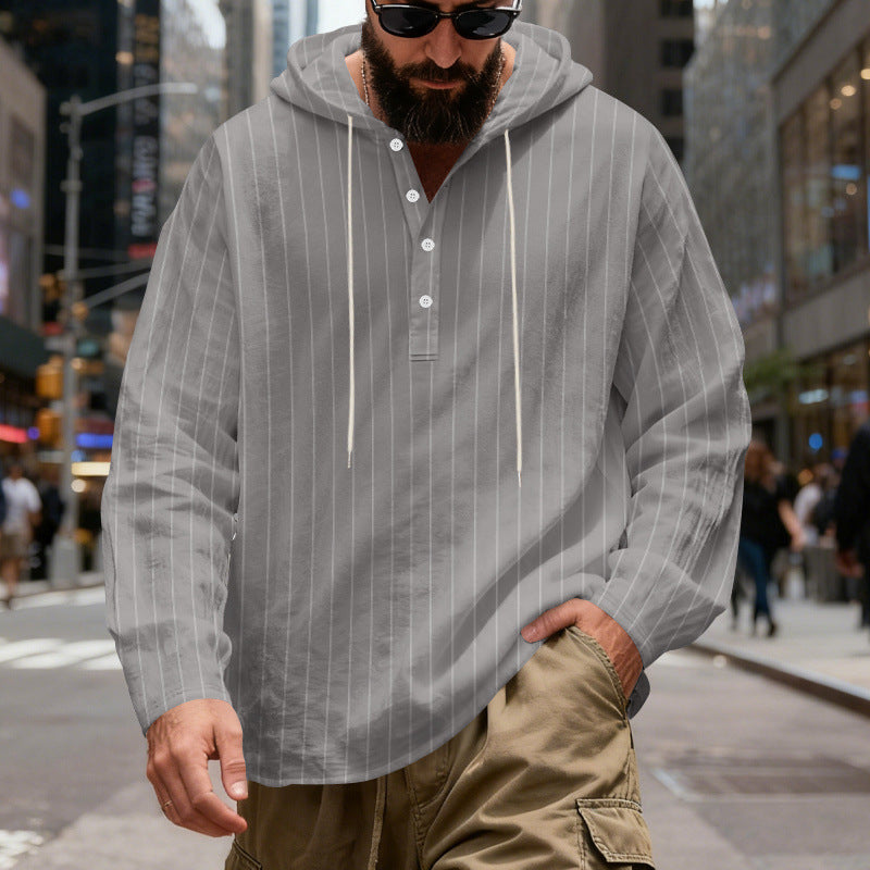 Mens Loose-Fit Plus-Size Casual Linen Striped Hooded Shirt