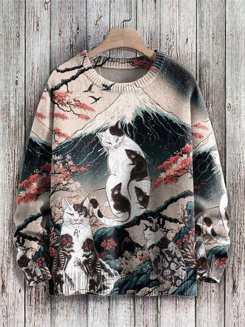 Vintage Japanese-style Painting Cat Art Casual Printed Chunky-knit Crewneck Hoodie For Men And Women