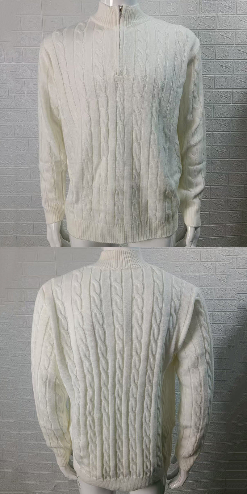 Mens Slim-fit Knitted Zip-up Mock-neck Long-sleeve Sweater