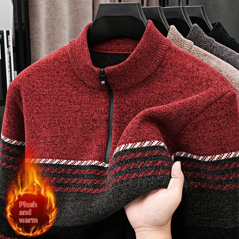 Fleece-lined Extra-thick Half-zip Sweater For Young Men