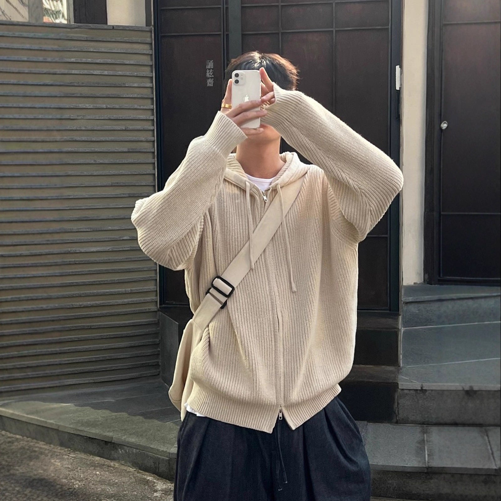 Mens AutumnWinter Knitted Sweater Jacket With Double Zippers And A Hood