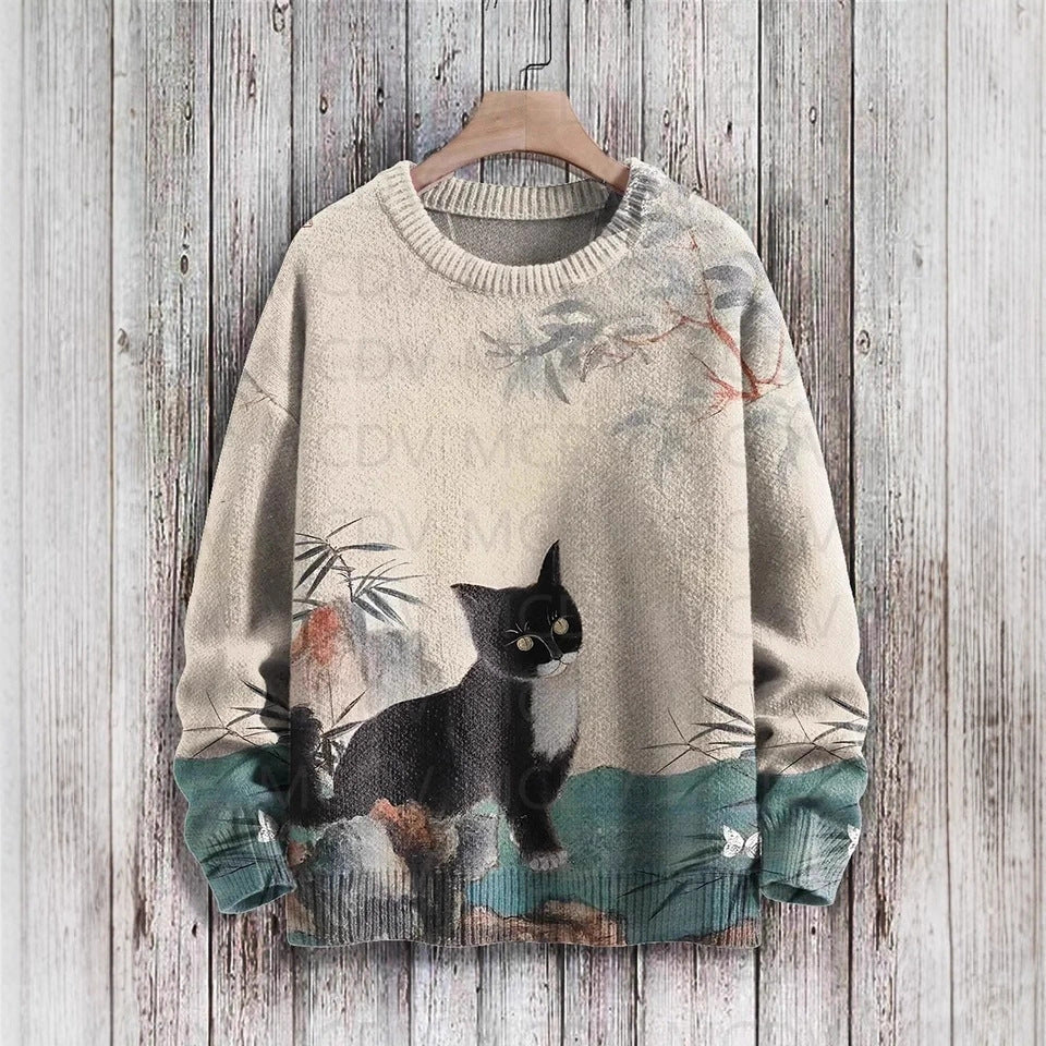 Vintage Japanese-style Painting Cat Art Casual Printed Chunky-knit Crewneck Hoodie For Men And Women