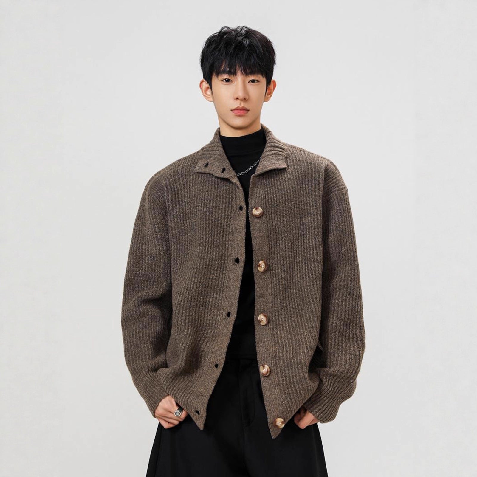 Mens Americanstyle CoffeeColored StandUp Collar Knit Sweater Coat