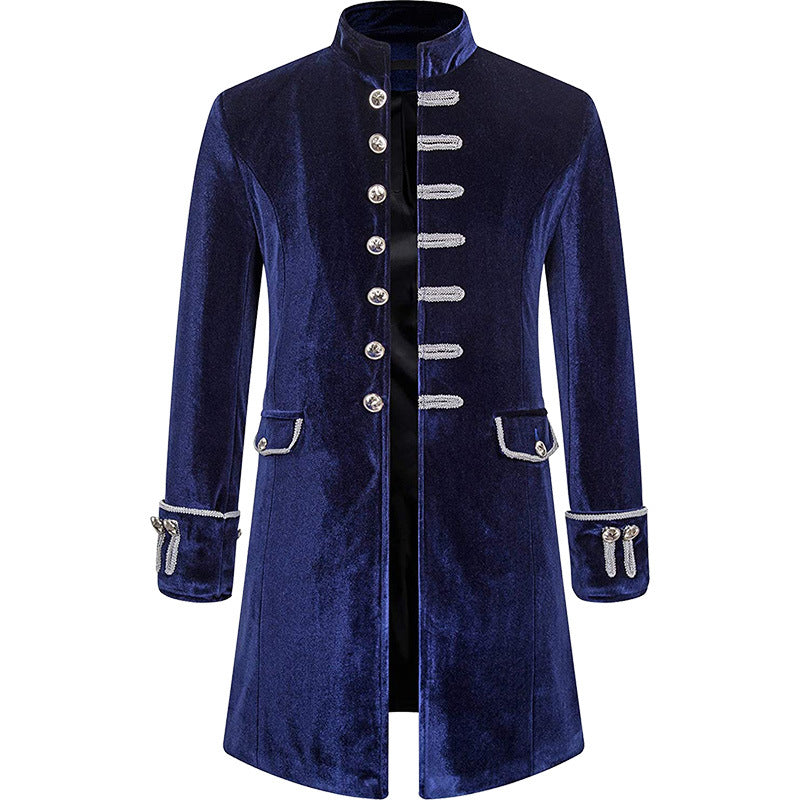 Mens Solid-Color Steampunk Velvet Uniform Stand-Up Collar Coat