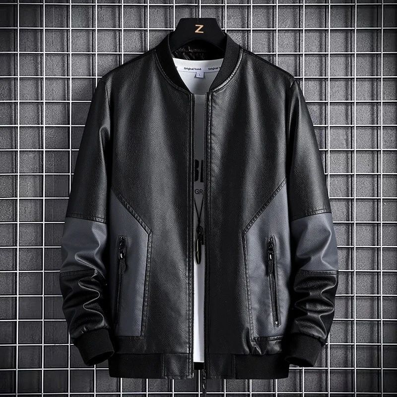 Korean-style Black Baseball Collar Leather Biker Jacket
