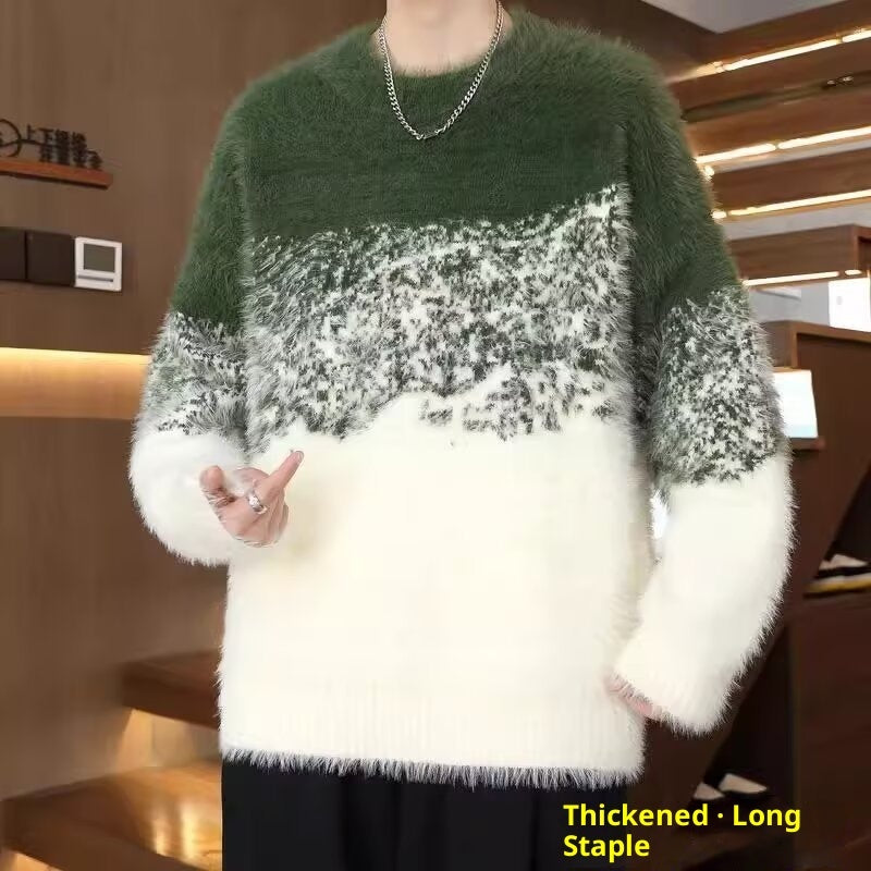 Mens Gradient Color Mink Fleece Sweater Knitted Pullover