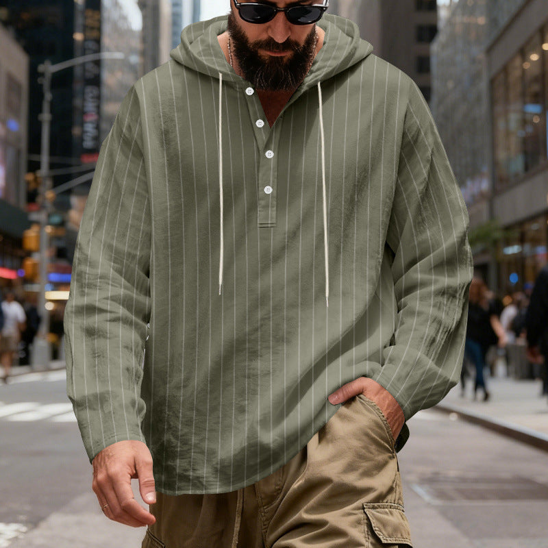 Mens Loose-Fit Plus-Size Casual Linen Striped Hooded Shirt