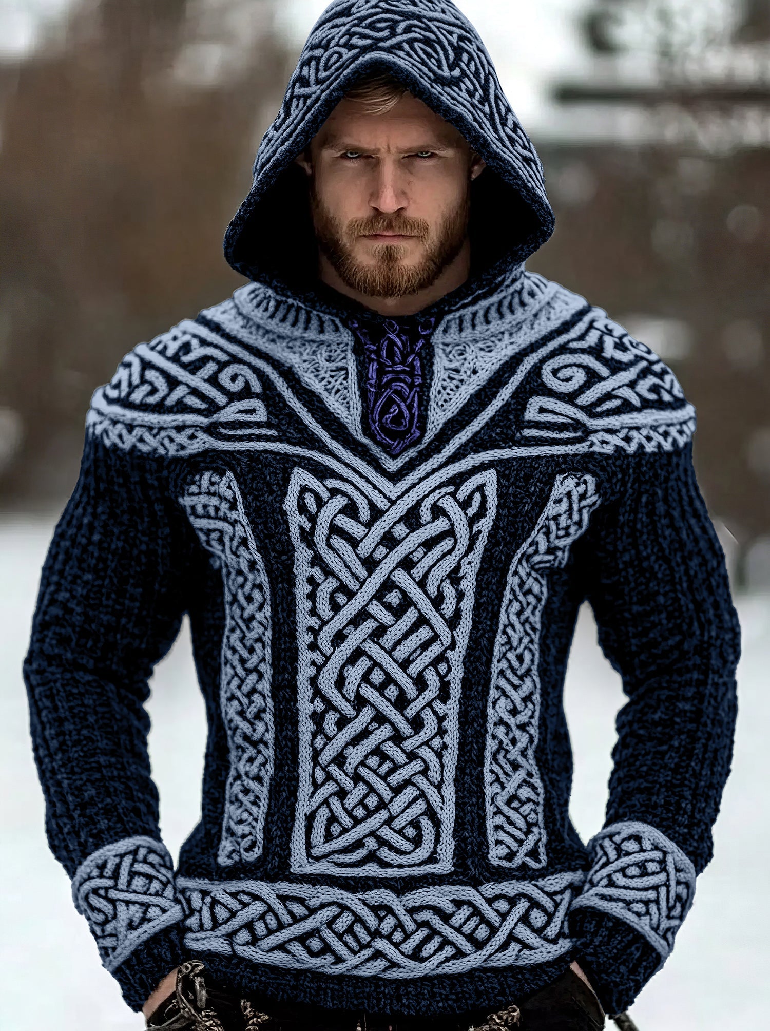 Mens Long-Sleeve Chunky-Knit Hooded Sweater