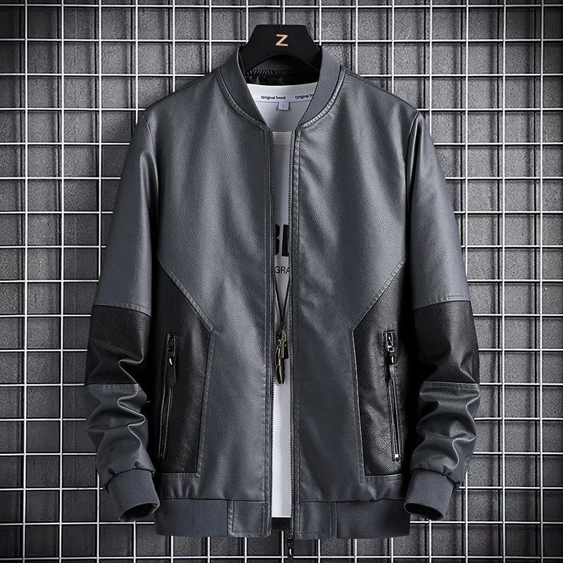 Korean-style Black Baseball Collar Leather Biker Jacket