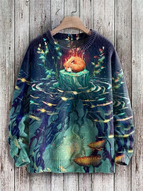 Vintage Japanese-style Painting Cat Art Casual Printed Chunky-knit Crewneck Hoodie For Men And Women