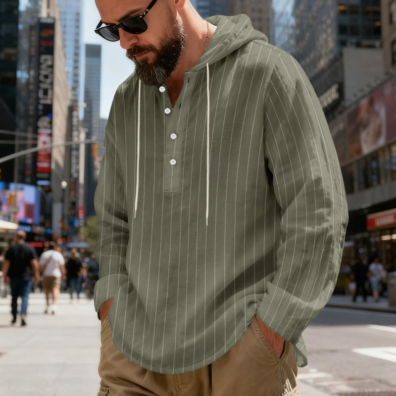 Mens Loose-Fit Plus-Size Casual Linen Striped Hooded Shirt