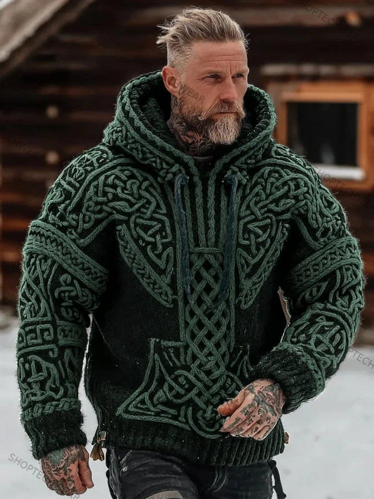 Mens Printed Hooded Knitted Sweatshirt Top